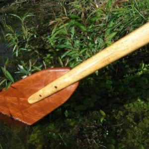 Andy's paddle, curly bird's eye Maple shaft with waterfall curl Penn. Cherry blades-bookmatched, Walnut pins